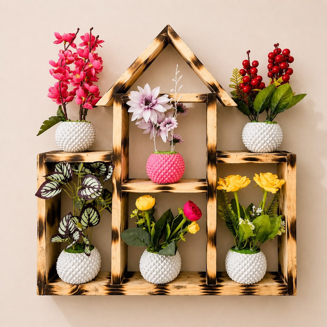 Wooden House Flower Decor combo –  ১টি কেরসিন কাঠের ঘর ও ৬টি চায়না ফুলের টপ।